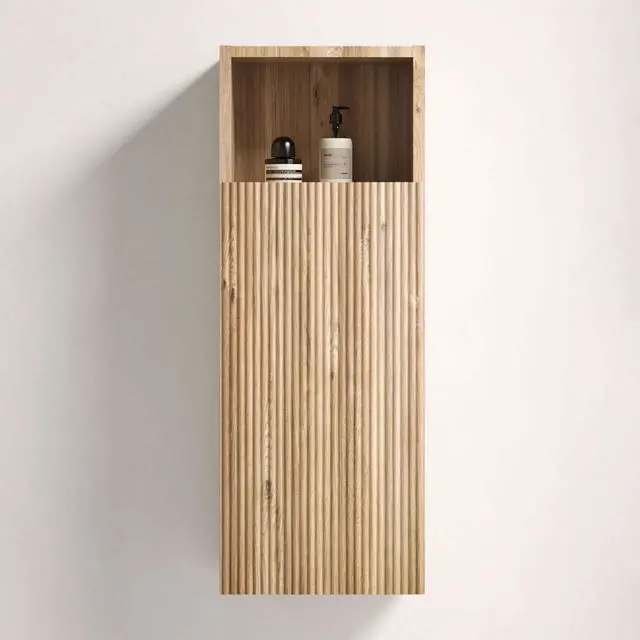 Main image of 12" Bathroom Side Cabinet, Mid-Century Modern Fluted Storage Cabinet with Soft-Closing Door & Open Shelf, Floating Separate Storage Space, Rough Oak