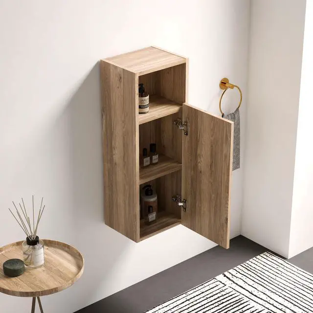 Alt view image 2 of 6 - 12" Bathroom Side Cabinet, Mid-Century Modern Fluted Storage Cabinet with Soft-Closing Door & Open Shelf, Floating Separate Storage Space, Rough Oak