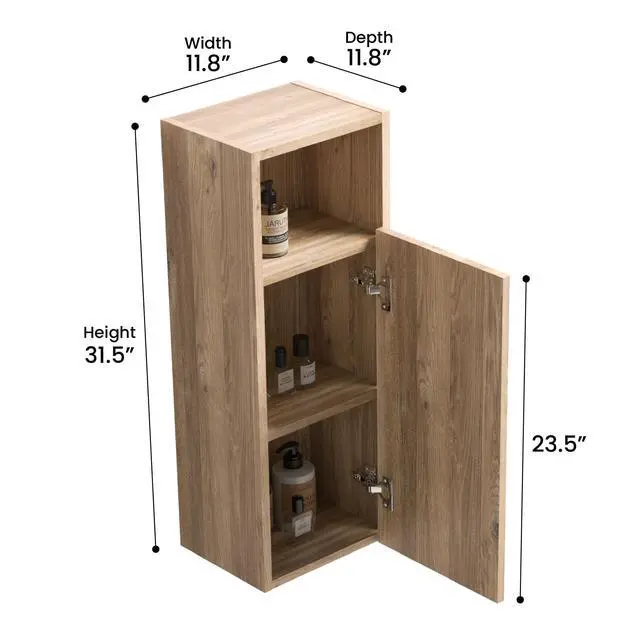 Alt view image 3 of 6 - 12" Bathroom Side Cabinet, Mid-Century Modern Fluted Storage Cabinet with Soft-Closing Door & Open Shelf, Floating Separate Storage Space, Rough Oak