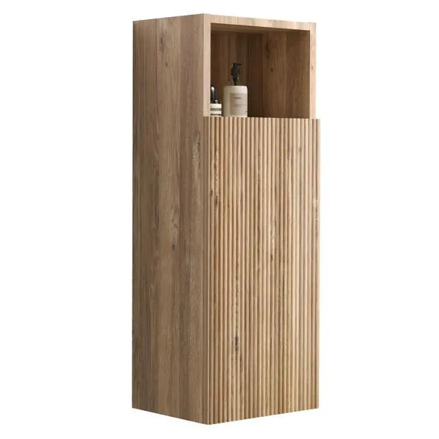 Alt view image 5 of 6 - 12" Bathroom Side Cabinet, Mid-Century Modern Fluted Storage Cabinet with Soft-Closing Door & Open Shelf, Floating Separate Storage Space, Rough Oak