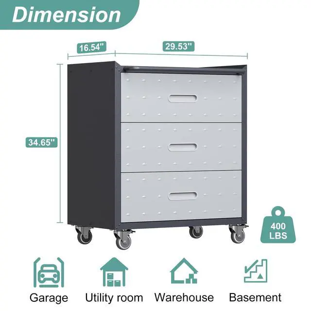 Alt view image 3 of 6 - Metal Garage Storage Cabinet with Wheels,Mobile Metal Storage Cabinet with 3 Drawers,Rolling Tool Cabinet, Assembly Required