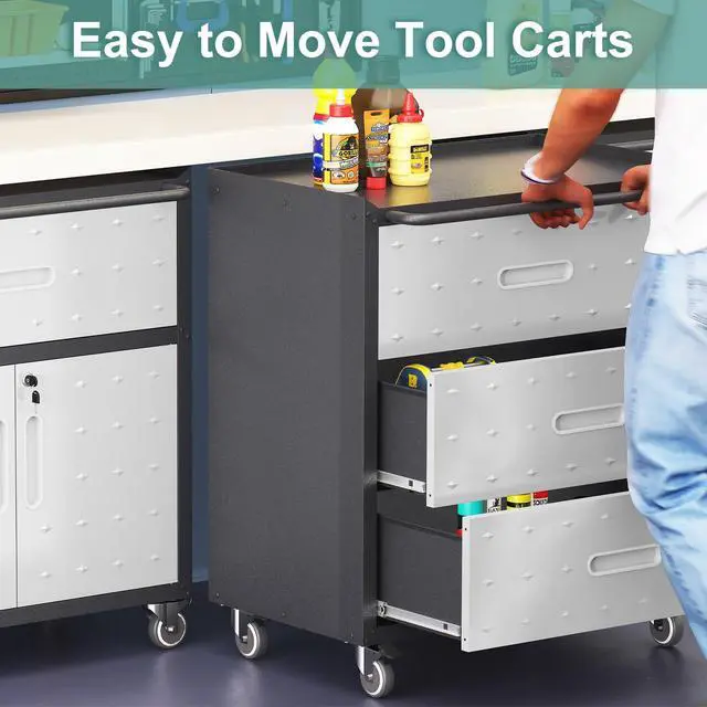 Alt view image 4 of 6 - Metal Garage Storage Cabinet with Wheels,Mobile Metal Storage Cabinet with 3 Drawers,Rolling Tool Cabinet, Assembly Required