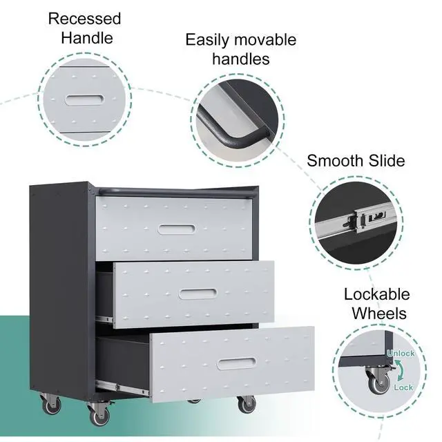 Alt view image 5 of 6 - Metal Garage Storage Cabinet with Wheels,Mobile Metal Storage Cabinet with 3 Drawers,Rolling Tool Cabinet, Assembly Required
