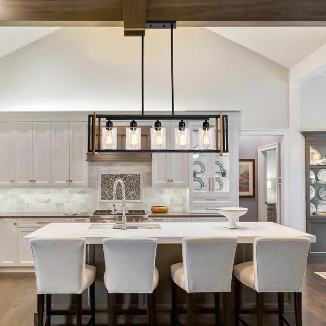 Alt view image 2 of 6 - Dining Room Light Fixture, 5-Light Black Chandeliers for Dining Room, Farmhouse Kitchen Island Lighting, Pendant Lights Kitchen Island, Dining Room Chandelier Over Table, with Glass Shade, E26 Socket