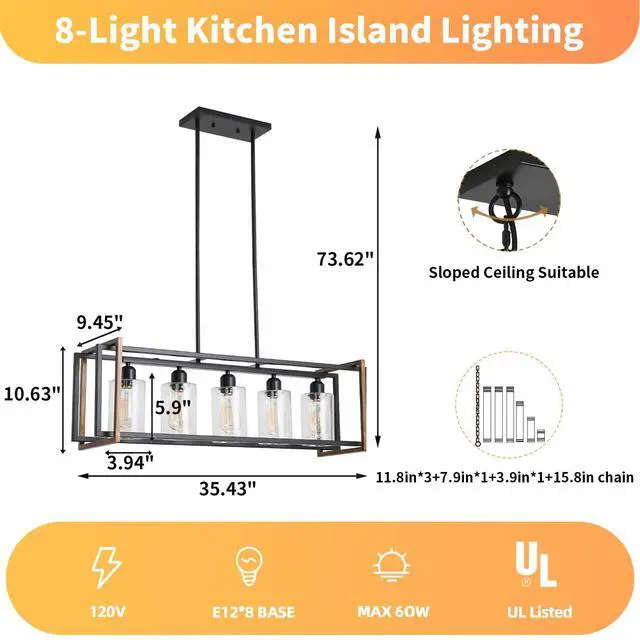 Alt view image 3 of 6 - Dining Room Light Fixture, 5-Light Black Chandeliers for Dining Room, Farmhouse Kitchen Island Lighting, Pendant Lights Kitchen Island, Dining Room Chandelier Over Table, with Glass Shade, E26 Socket