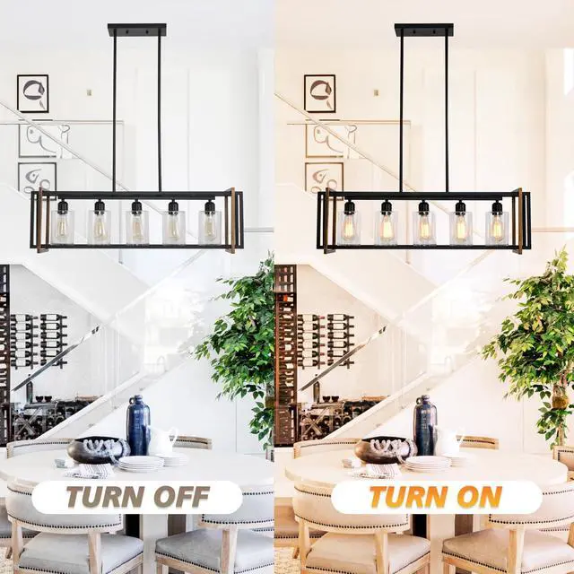Alt view image 4 of 6 - Dining Room Light Fixture, 5-Light Black Chandeliers for Dining Room, Farmhouse Kitchen Island Lighting, Pendant Lights Kitchen Island, Dining Room Chandelier Over Table, with Glass Shade, E26 Socket