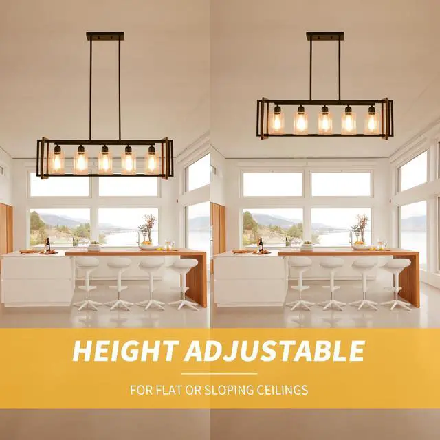 Alt view image 5 of 6 - Dining Room Light Fixture, 5-Light Black Chandeliers for Dining Room, Farmhouse Kitchen Island Lighting, Pendant Lights Kitchen Island, Dining Room Chandelier Over Table, with Glass Shade, E26 Socket