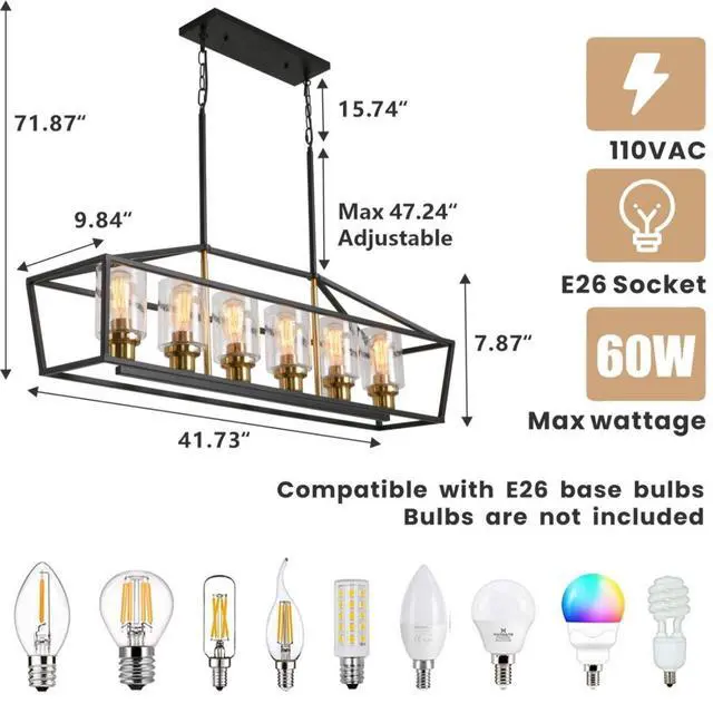 Alt view image 3 of 6 - Black and Gold Chandelier, 6-Light Modern Chandeliers for Dining Room, Rustic Kitchen Island Lighting, Farmhouse Pendant Lights Kitchen Island, Dining Room Light Fixtures Over Table