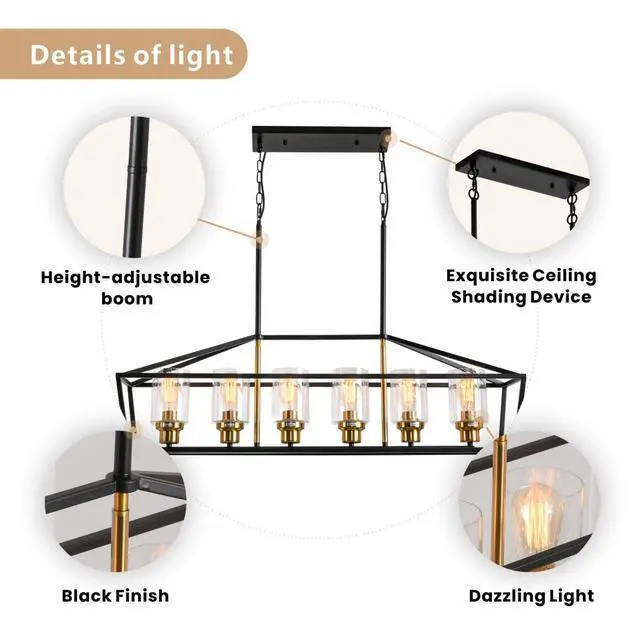 Alt view image 4 of 6 - Black and Gold Chandelier, 6-Light Modern Chandeliers for Dining Room, Rustic Kitchen Island Lighting, Farmhouse Pendant Lights Kitchen Island, Dining Room Light Fixtures Over Table