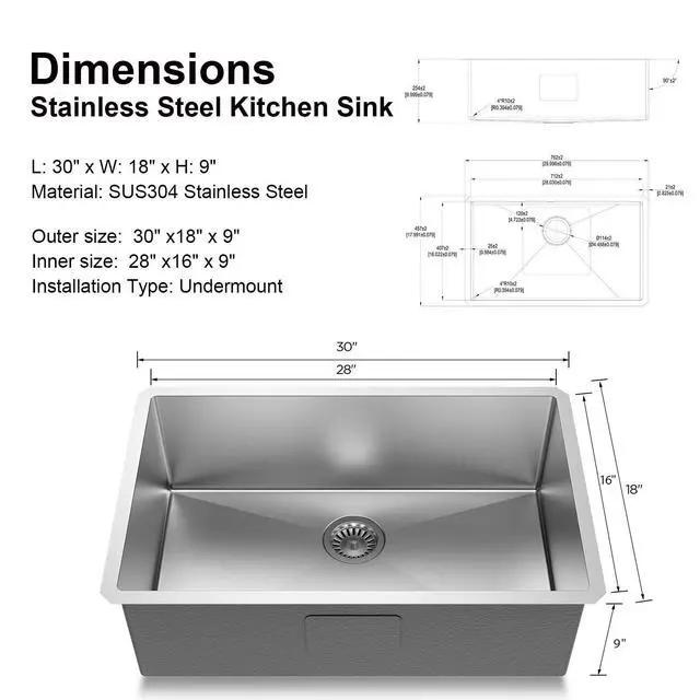 Alt view image 6 of 6 - 30" Undermount 18 Gauge 304 Stainless Steel Single Bowl Kitchen Sink with Accessary in 30"Lx18"Wx10"D