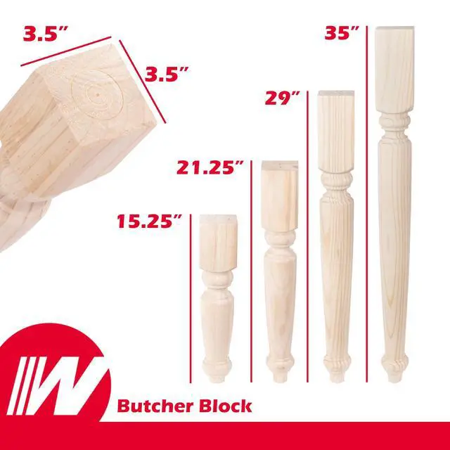 Alt view image 2 of 6 - Butcher Block Table Leg (4 Count, 35" H) | Woodworker Style Pine Wood Legs w/Chamfer Edge | Heavy Duty Unfinished Furniture Legs for DIY Home Improvement, Refurbishing Vintage Room Decor