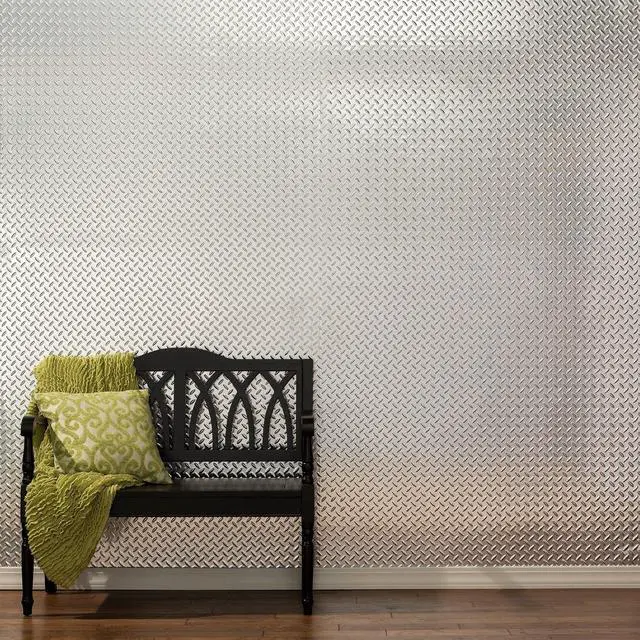 Alt view image 2 of 6 - 4ft x 8ft x.013in Diamond Plate Brushed Aluminum Decorative Vinyl Wall Panel