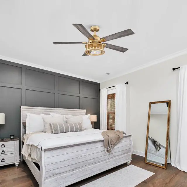 Alt view image 2 of 6 - Gold Ceiling Fans with Lights and Remote, 52 Inch Farmhouse Ceiling Fan with Light for Bedroom, Modern Outdoor Ceiling Fans for Patios, Reversible Airflow, 3 Speeds, Timer