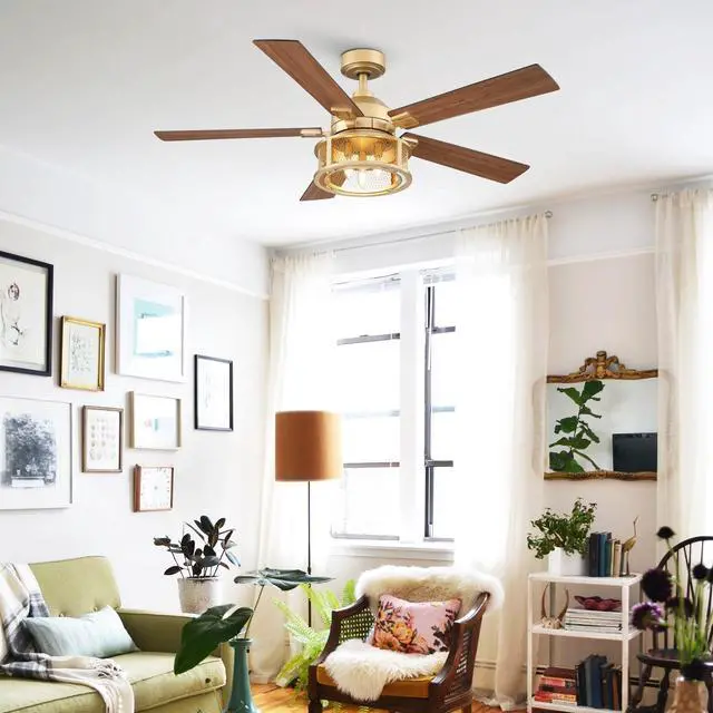 Alt view image 3 of 6 - Gold Ceiling Fans with Lights and Remote, 52 Inch Farmhouse Ceiling Fan with Light for Bedroom, Modern Outdoor Ceiling Fans for Patios, Reversible Airflow, 3 Speeds, Timer