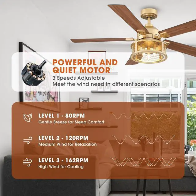 Alt view image 5 of 6 - Gold Ceiling Fans with Lights and Remote, 52 Inch Farmhouse Ceiling Fan with Light for Bedroom, Modern Outdoor Ceiling Fans for Patios, Reversible Airflow, 3 Speeds, Timer