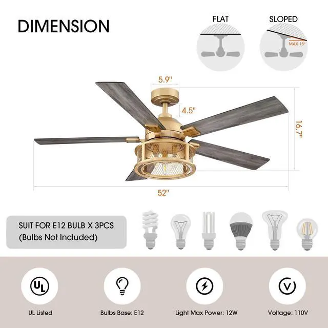 Alt view image 6 of 6 - Gold Ceiling Fans with Lights and Remote, 52 Inch Farmhouse Ceiling Fan with Light for Bedroom, Modern Outdoor Ceiling Fans for Patios, Reversible Airflow, 3 Speeds, Timer