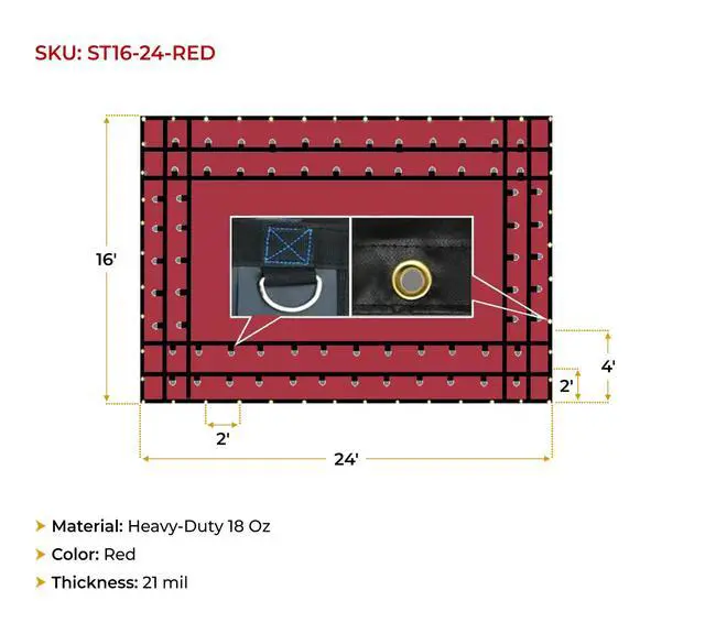 Alt view image 6 of 6 - Flatbed Truck Tarps 18oz Steel Tarp 16' x 24' - Red