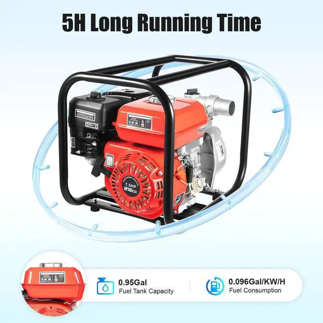 Alt view image 4 of 6 - 2 Inch 7.5HP Gas Powered Water Transfer Pump, 212cc 4-Stroke Portable Gasoline Engine Trash Pump for Farm Garden Irrigation Pool Drainage, Red and Black, Aluminum Alloy