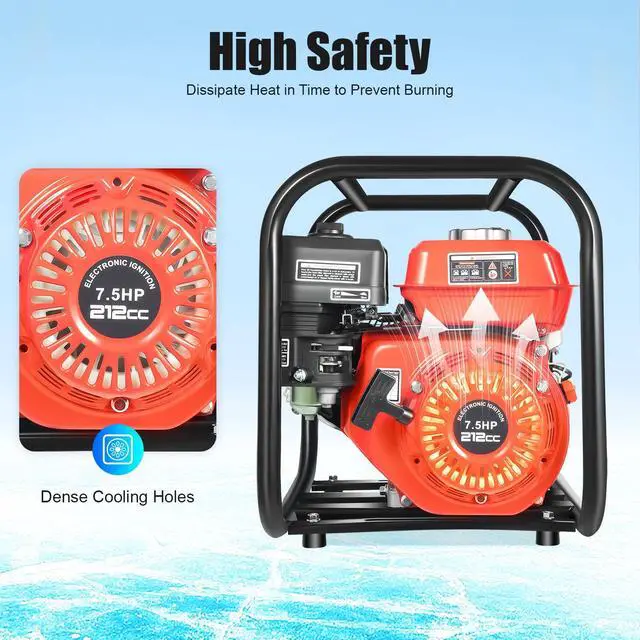 Alt view image 5 of 6 - 2 Inch 7.5HP Gas Powered Water Transfer Pump, 212cc 4-Stroke Portable Gasoline Engine Trash Pump for Farm Garden Irrigation Pool Drainage, Red and Black, Aluminum Alloy