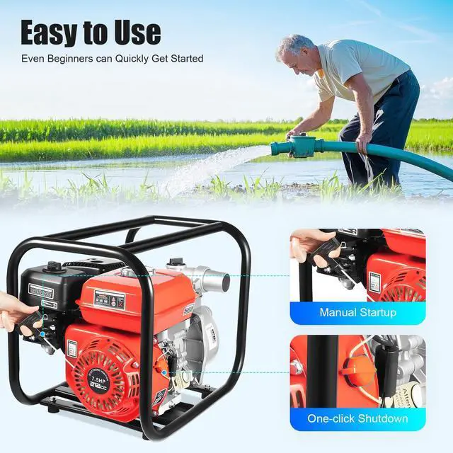 Alt view image 6 of 6 - 2 Inch 7.5HP Gas Powered Water Transfer Pump, 212cc 4-Stroke Portable Gasoline Engine Trash Pump for Farm Garden Irrigation Pool Drainage, Red and Black, Aluminum Alloy