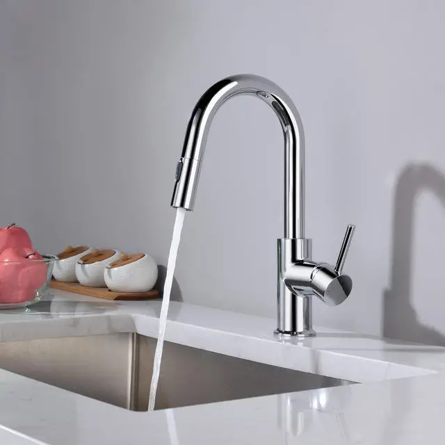 Alt view image 2 of 6 - Pull Down Kitchen Faucet with Single Handle | Solid Brass High Arc Spout | Kitchen Sink Faucet with Pull Down Sprayer | Easy Clean | Chrome Finish, KKF2011