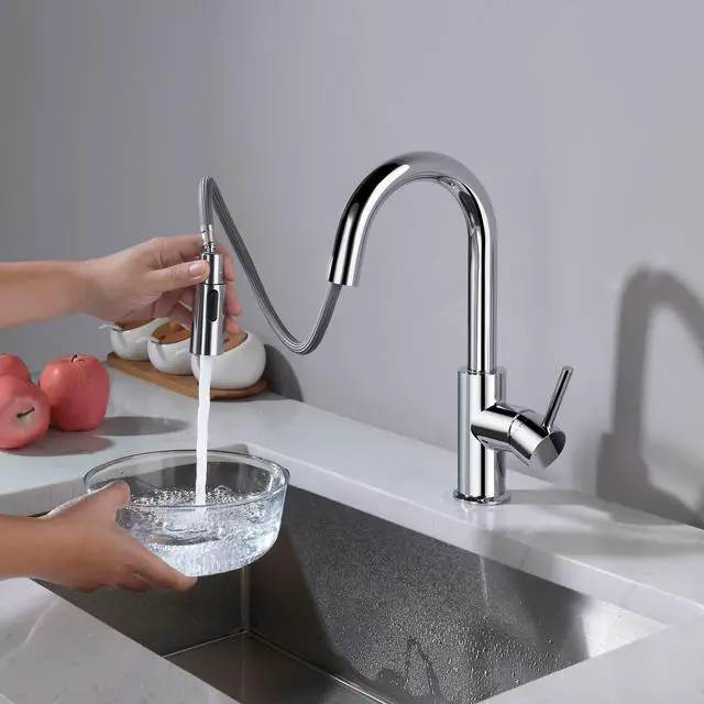 Alt view image 3 of 6 - Pull Down Kitchen Faucet with Single Handle | Solid Brass High Arc Spout | Kitchen Sink Faucet with Pull Down Sprayer | Easy Clean | Chrome Finish, KKF2011