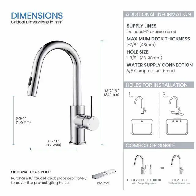 Alt view image 4 of 6 - Pull Down Kitchen Faucet with Single Handle | Solid Brass High Arc Spout | Kitchen Sink Faucet with Pull Down Sprayer | Easy Clean | Chrome Finish, KKF2011
