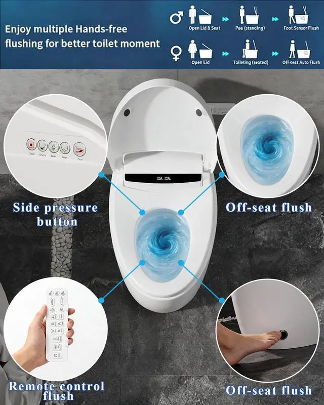 Alt view image 6 of 6 - Smart Toilet with Bidet Built-in, Auto Open/Close Lid, One Piece Elongated Toilet with Instant Warm Water & Warm Air Dryer, Self-Cleaning Technology, Night Light, Tankless Toilet, ECO Mode
