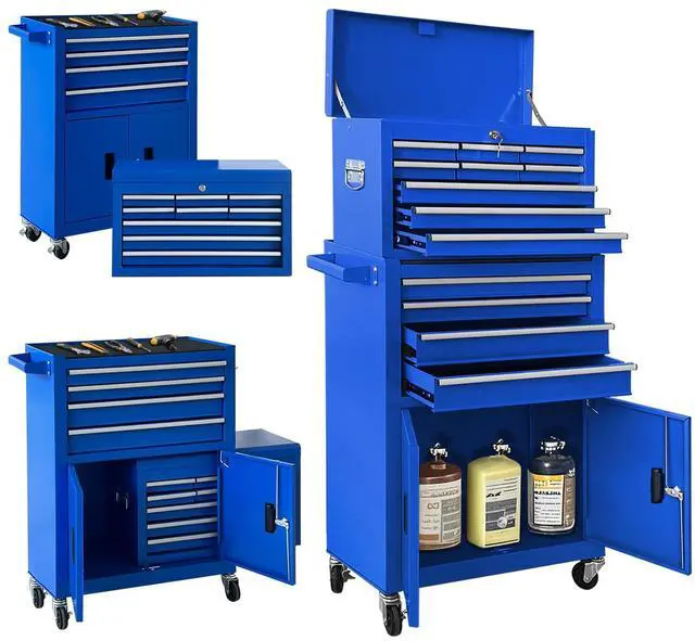 Main image of 13-Drawer Double Doors Handle Rolling Tool Chest, 2 in 1 Detachable Rolling Tool Chests, Large Tool Boxes with Lock, Metal Standing Tool Cabinet for Garage Workshop(Blue)