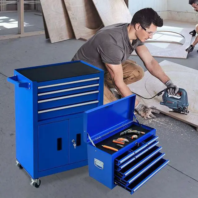 Alt view image 2 of 6 - 13-Drawer Double Doors Handle Rolling Tool Chest, 2 in 1 Detachable Rolling Tool Chests, Large Tool Boxes with Lock, Metal Standing Tool Cabinet for Garage Workshop(Blue)