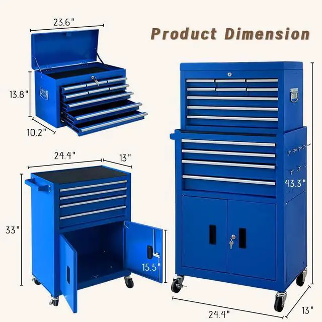 Alt view image 3 of 6 - 13-Drawer Double Doors Handle Rolling Tool Chest, 2 in 1 Detachable Rolling Tool Chests, Large Tool Boxes with Lock, Metal Standing Tool Cabinet for Garage Workshop(Blue)