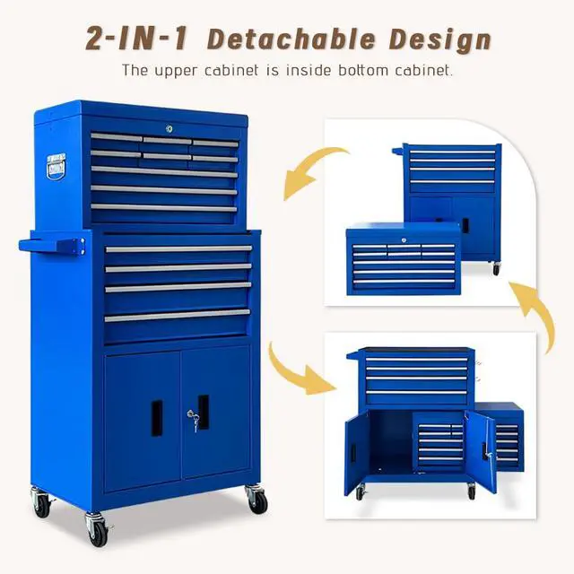 Alt view image 6 of 6 - 13-Drawer Double Doors Handle Rolling Tool Chest, 2 in 1 Detachable Rolling Tool Chests, Large Tool Boxes with Lock, Metal Standing Tool Cabinet for Garage Workshop(Blue)