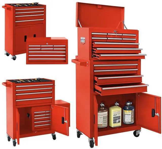 Main image of 13-Drawer Double Doors Handle Rolling Tool Chest, 2 in 1 Detachable Rolling Tool Chests, Large Tool Boxes with Lock, Metal Standing Tool Cabinet for Garage Workshop(Red)