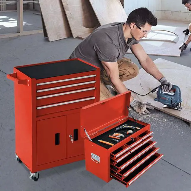 Alt view image 2 of 6 - 13-Drawer Double Doors Handle Rolling Tool Chest, 2 in 1 Detachable Rolling Tool Chests, Large Tool Boxes with Lock, Metal Standing Tool Cabinet for Garage Workshop(Red)
