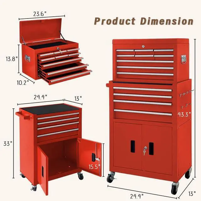 Alt view image 3 of 6 - 13-Drawer Double Doors Handle Rolling Tool Chest, 2 in 1 Detachable Rolling Tool Chests, Large Tool Boxes with Lock, Metal Standing Tool Cabinet for Garage Workshop(Red)
