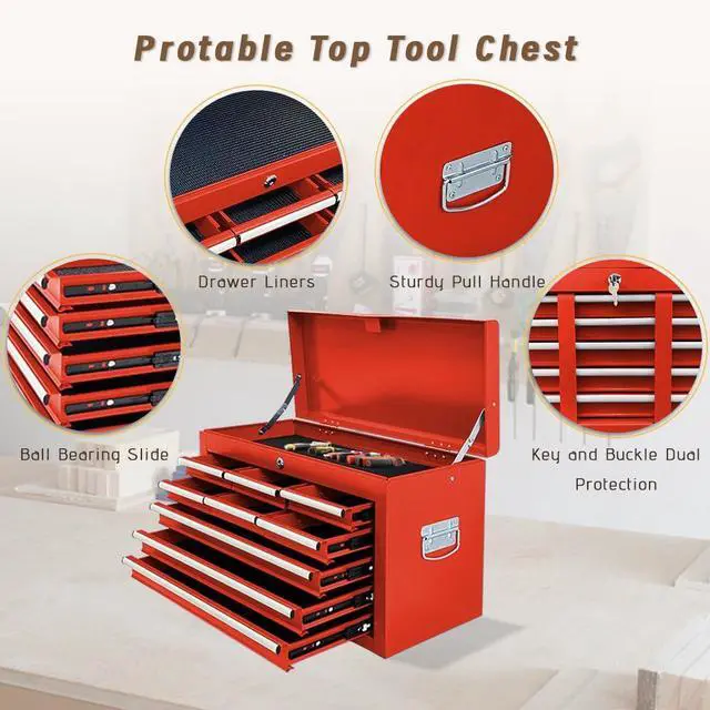 Alt view image 4 of 6 - 13-Drawer Double Doors Handle Rolling Tool Chest, 2 in 1 Detachable Rolling Tool Chests, Large Tool Boxes with Lock, Metal Standing Tool Cabinet for Garage Workshop(Red)