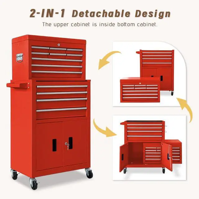 Alt view image 6 of 6 - 13-Drawer Double Doors Handle Rolling Tool Chest, 2 in 1 Detachable Rolling Tool Chests, Large Tool Boxes with Lock, Metal Standing Tool Cabinet for Garage Workshop(Red)