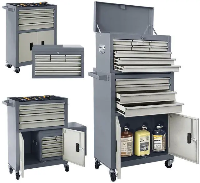 Main image of 13-Drawer Double Doors Handle Rolling Tool Chest, 2 in 1 Detachable Rolling Tool Chests, Large Tool Boxes with Lock, Metal Standing Tool Cabinet for Garage Workshop(Gray)