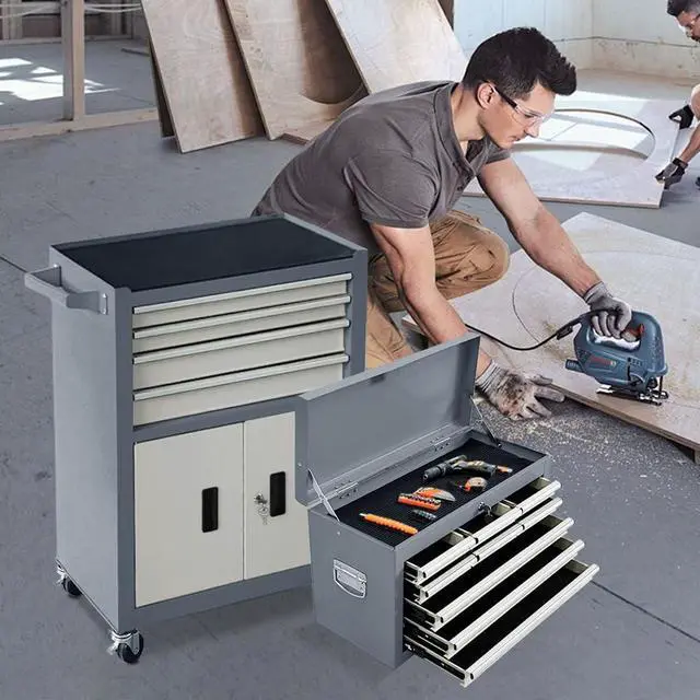 Alt view image 2 of 6 - 13-Drawer Double Doors Handle Rolling Tool Chest, 2 in 1 Detachable Rolling Tool Chests, Large Tool Boxes with Lock, Metal Standing Tool Cabinet for Garage Workshop(Gray)
