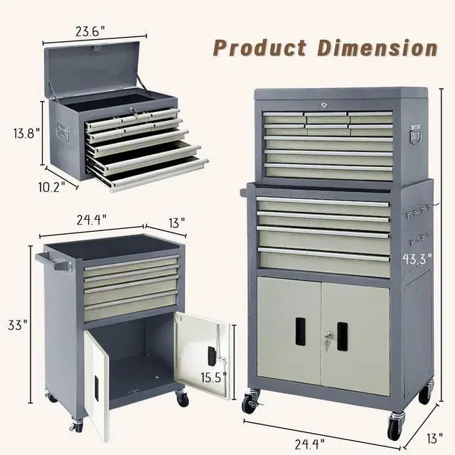 Alt view image 3 of 6 - 13-Drawer Double Doors Handle Rolling Tool Chest, 2 in 1 Detachable Rolling Tool Chests, Large Tool Boxes with Lock, Metal Standing Tool Cabinet for Garage Workshop(Gray)