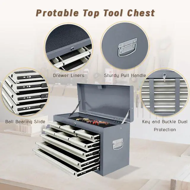 Alt view image 4 of 6 - 13-Drawer Double Doors Handle Rolling Tool Chest, 2 in 1 Detachable Rolling Tool Chests, Large Tool Boxes with Lock, Metal Standing Tool Cabinet for Garage Workshop(Gray)