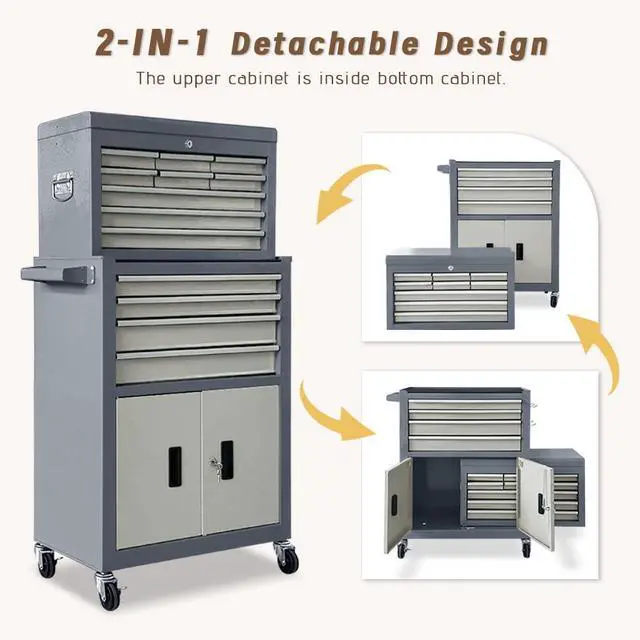 Alt view image 6 of 6 - 13-Drawer Double Doors Handle Rolling Tool Chest, 2 in 1 Detachable Rolling Tool Chests, Large Tool Boxes with Lock, Metal Standing Tool Cabinet for Garage Workshop(Gray)