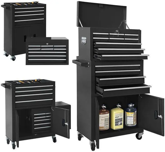 Main image of 13-Drawer Double Doors Handle Rolling Tool Chest, 2 in 1 Detachable Rolling Tool Chests, Large Tool Boxes with lock, Metal Standing Tool Cabinet for Garage Workshop(Black)