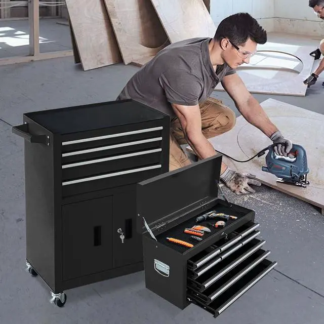 Alt view image 2 of 6 - 13-Drawer Double Doors Handle Rolling Tool Chest, 2 in 1 Detachable Rolling Tool Chests, Large Tool Boxes with lock, Metal Standing Tool Cabinet for Garage Workshop(Black)