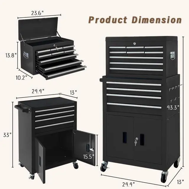 Alt view image 3 of 6 - 13-Drawer Double Doors Handle Rolling Tool Chest, 2 in 1 Detachable Rolling Tool Chests, Large Tool Boxes with lock, Metal Standing Tool Cabinet for Garage Workshop(Black)