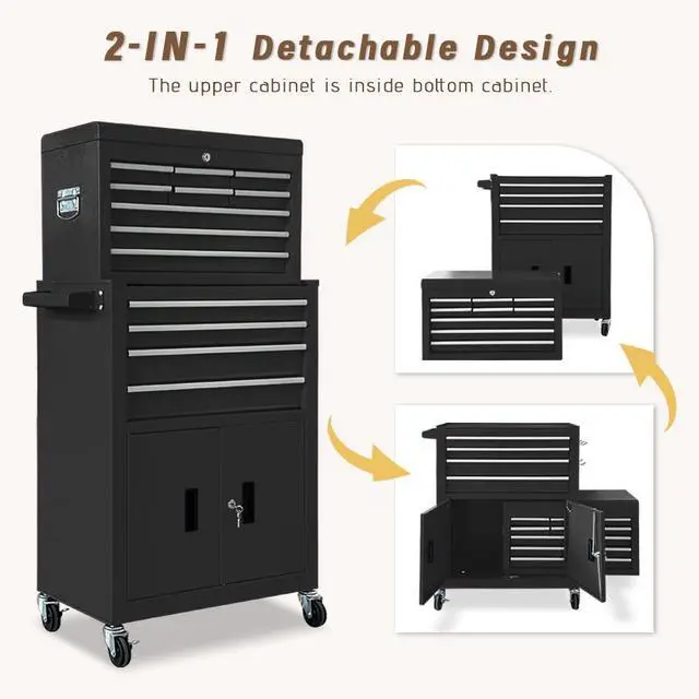 Alt view image 6 of 6 - 13-Drawer Double Doors Handle Rolling Tool Chest, 2 in 1 Detachable Rolling Tool Chests, Large Tool Boxes with lock, Metal Standing Tool Cabinet for Garage Workshop(Black)