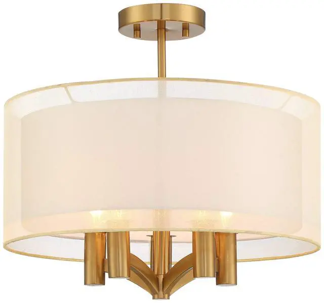 Alt view image 2 of 6 - Caliari Modern Close to Ceiling Light Semi Flush Mount Fixture 18" Wide 5-Light Warm Brass Gold Double Drum Shades for Bedroom Hallway Living Room Dining Room Bathroom Kitchen