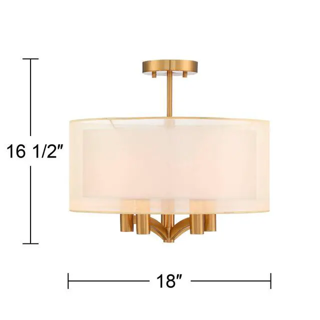Alt view image 4 of 6 - Caliari Modern Close to Ceiling Light Semi Flush Mount Fixture 18" Wide 5-Light Warm Brass Gold Double Drum Shades for Bedroom Hallway Living Room Dining Room Bathroom Kitchen