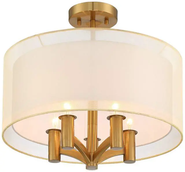 Alt view image 6 of 6 - Caliari Modern Close to Ceiling Light Semi Flush Mount Fixture 18" Wide 5-Light Warm Brass Gold Double Drum Shades for Bedroom Hallway Living Room Dining Room Bathroom Kitchen