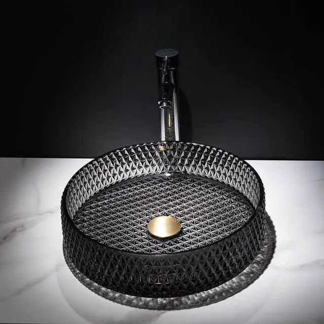 Main image of Bathroom Vessel Sink Round Vessel Sink 15.35" x 4.33" Transparent Diamond Shaped Crystal Glass Bathroom Sink Above Counter with Pop-up Drain, Black
